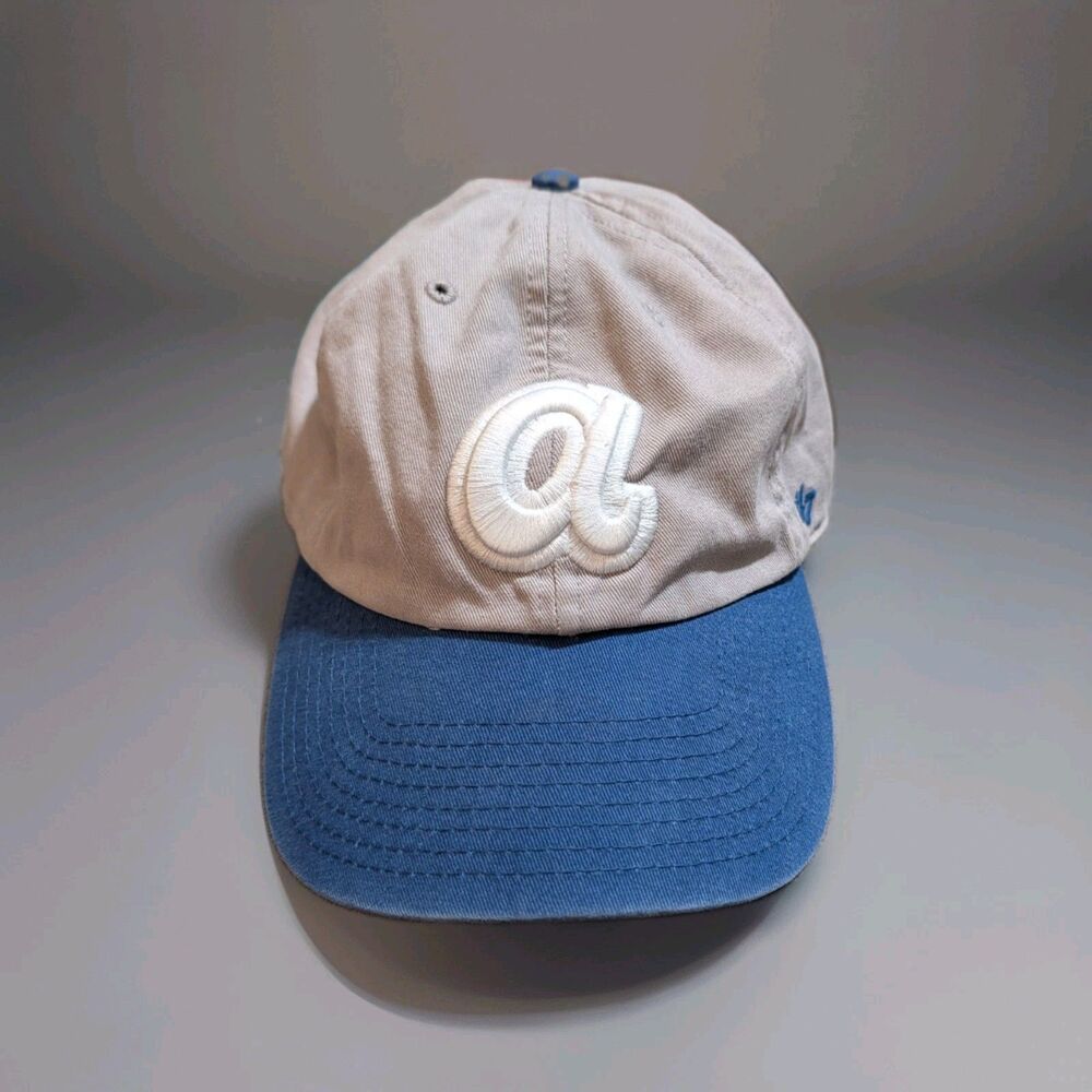 Atlanta Braves 47 Brand Clean Up Hat Khaki Tan Blue Script a Strapback Cap